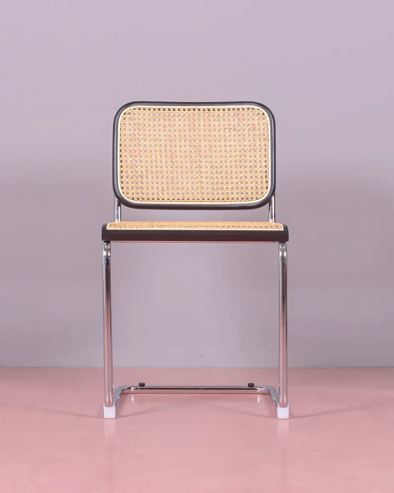 Chaise rétro en rotin naturel et acier chromé - Cesca